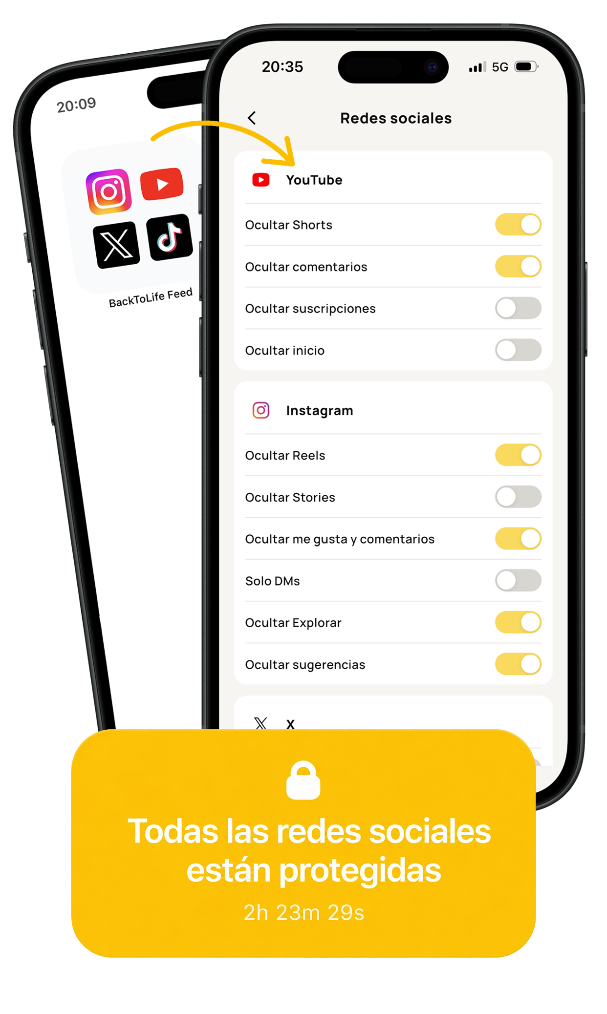 Pantalla de BackToLife: Instagram, YouTube, TikTok y X con Reels, Shorts y Explore desactivados
